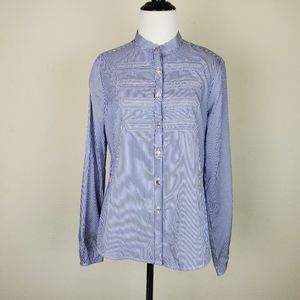 Faconnable Shirt Blouse Stripe Military Style Blue Preppy Designer France